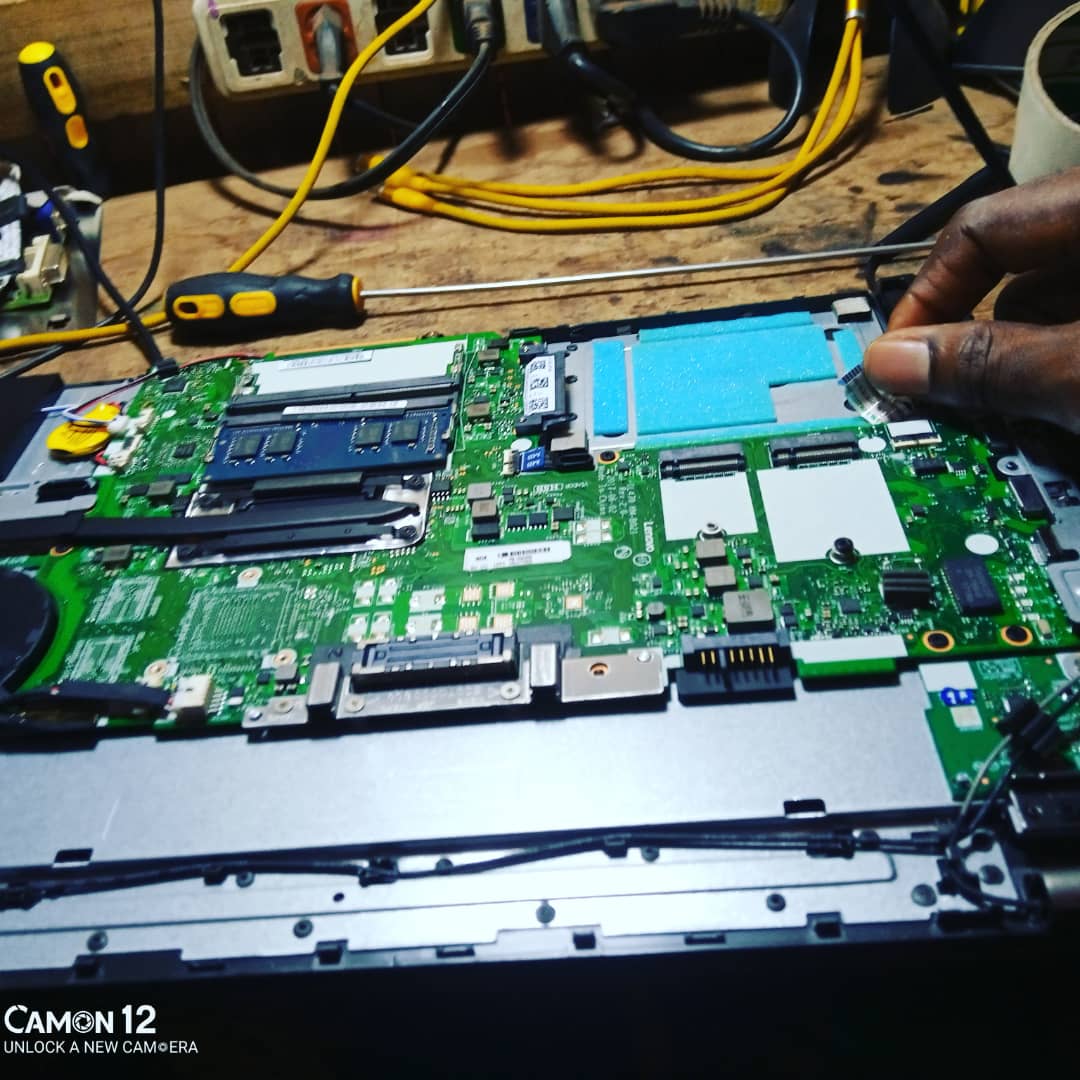 A laptop mother board beign worked on at Bigtoyo Computer Technology, Ijebu Ode, Ogun State,