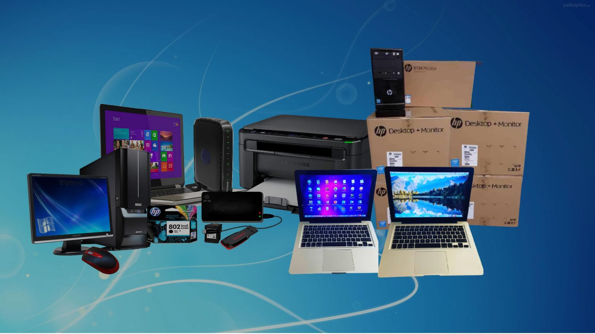 laptop, pc, priter, router, mouse, flash drive, ink cartridge,